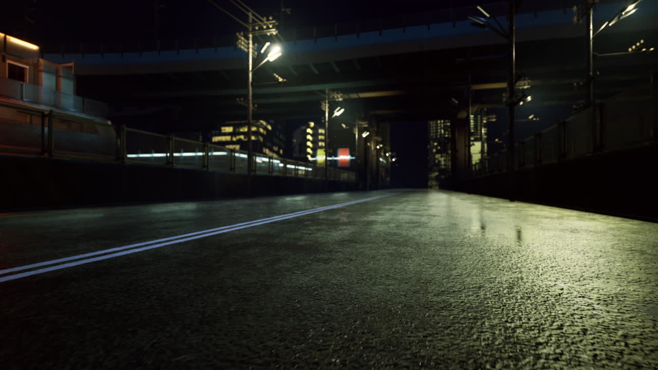 Nighttime urban landscape with gleaming pavement and illuminated structures