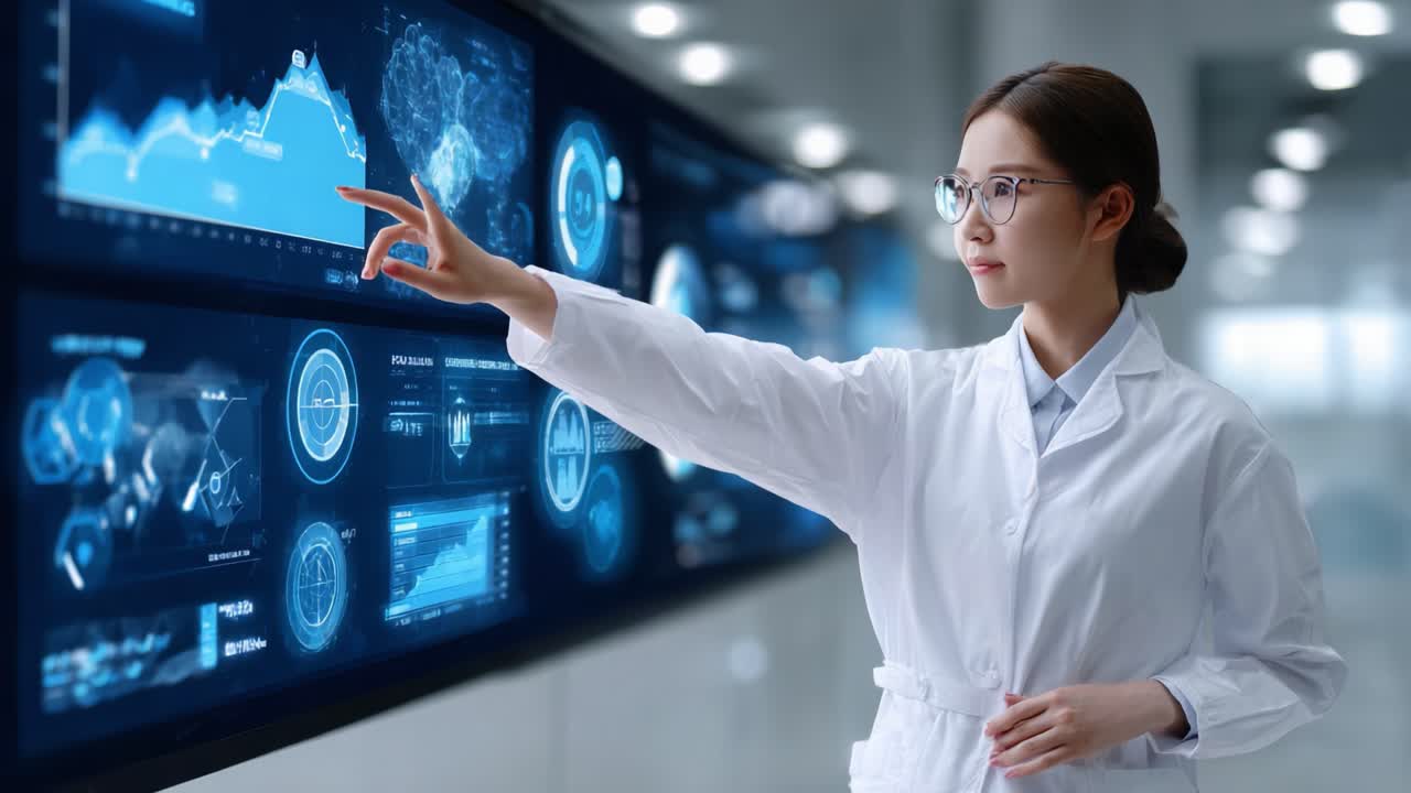 A focused scientist interacts with advanced interactive data displays, analyzing visual information and making informed decisions in a cutting-edge research environment