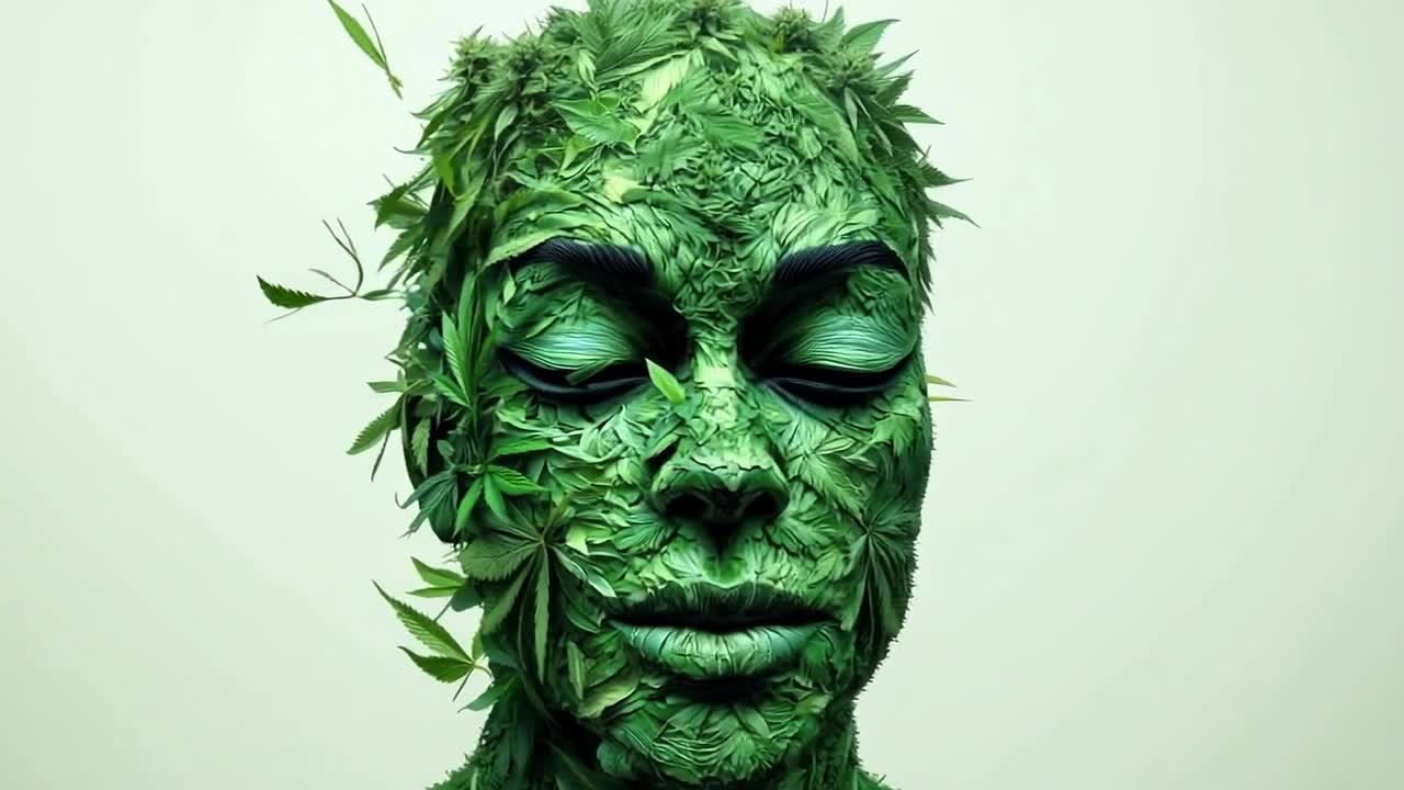 Nature's foliage-covered face. A face covered entirely in green leaves symbolizes harmony with nature and botanical art in a serene setting.