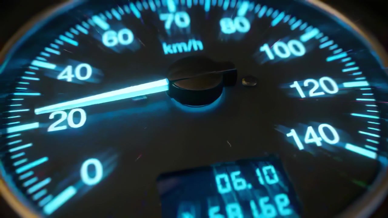 Accelerating vehicle causing speedometer needle moving clockwise inside cabin, with digital 06