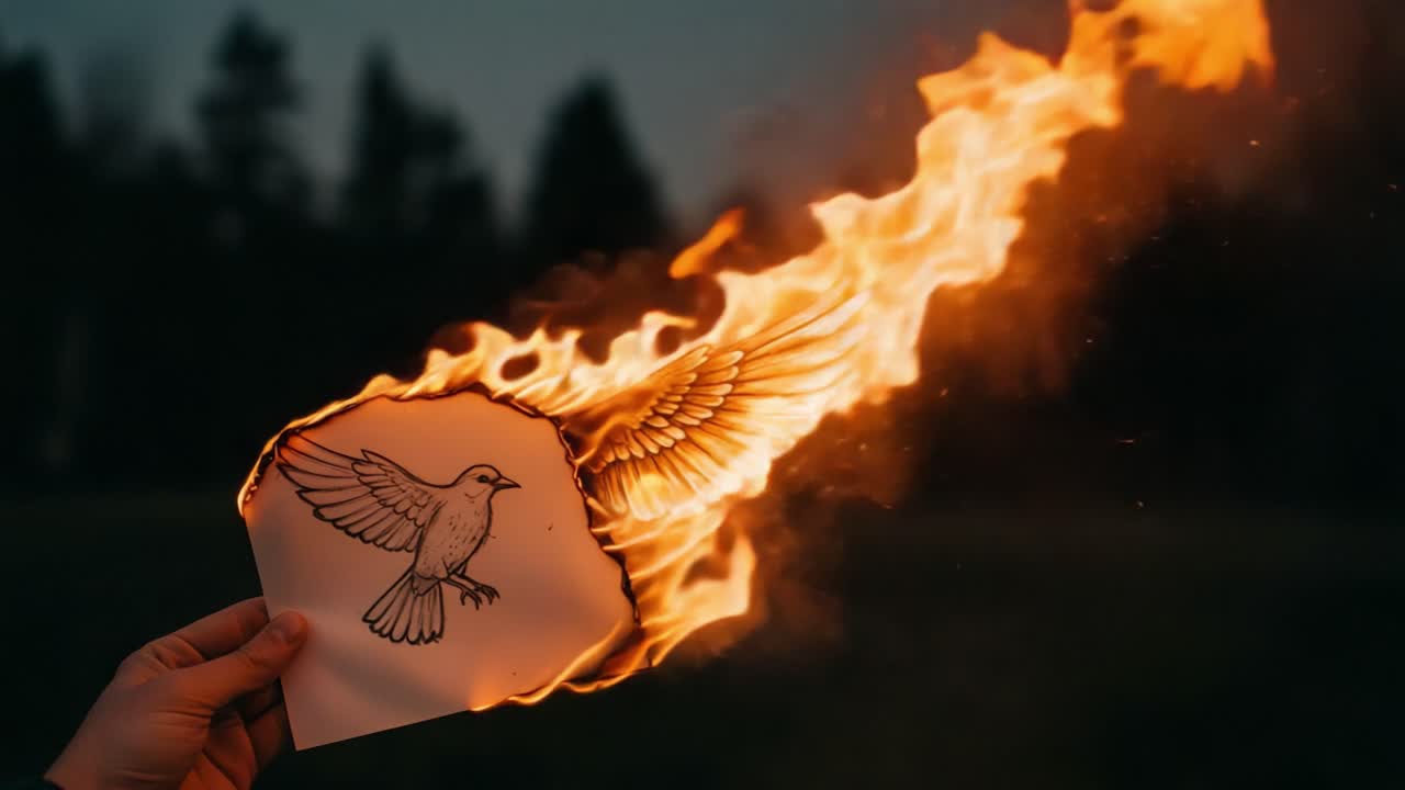 A Hand-held Drawing of a Bird Ignites with Flames, Symbolizing Freedom and Transformation Amidst a Darkening Landscape
