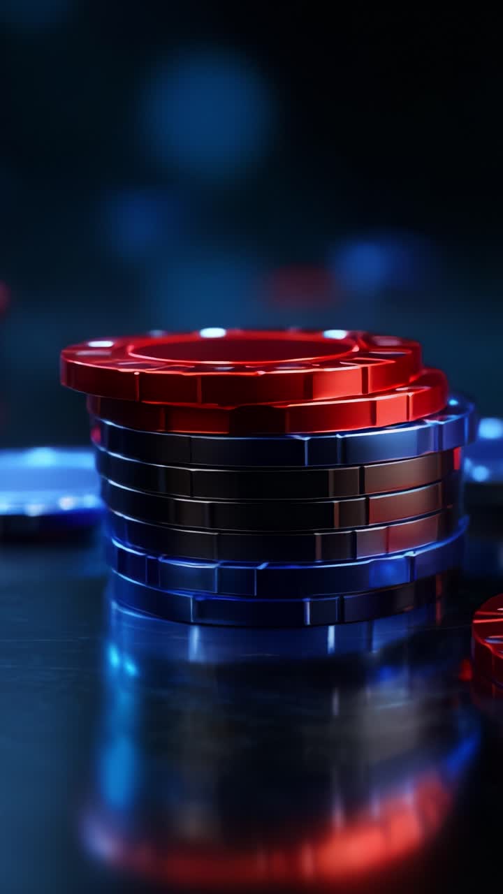 Pila vivace di fiches rosse e blu da casinò su una superficie lucida con riflessi, ripresa in un ambiente buio per creare un’atmosfera da gioco d’azzardo