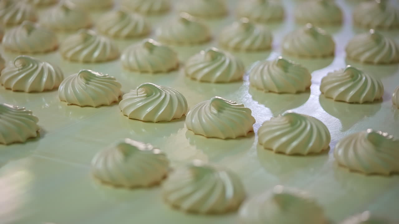 Industrial tasty sweet production. Marshmallow conveyor factory making.