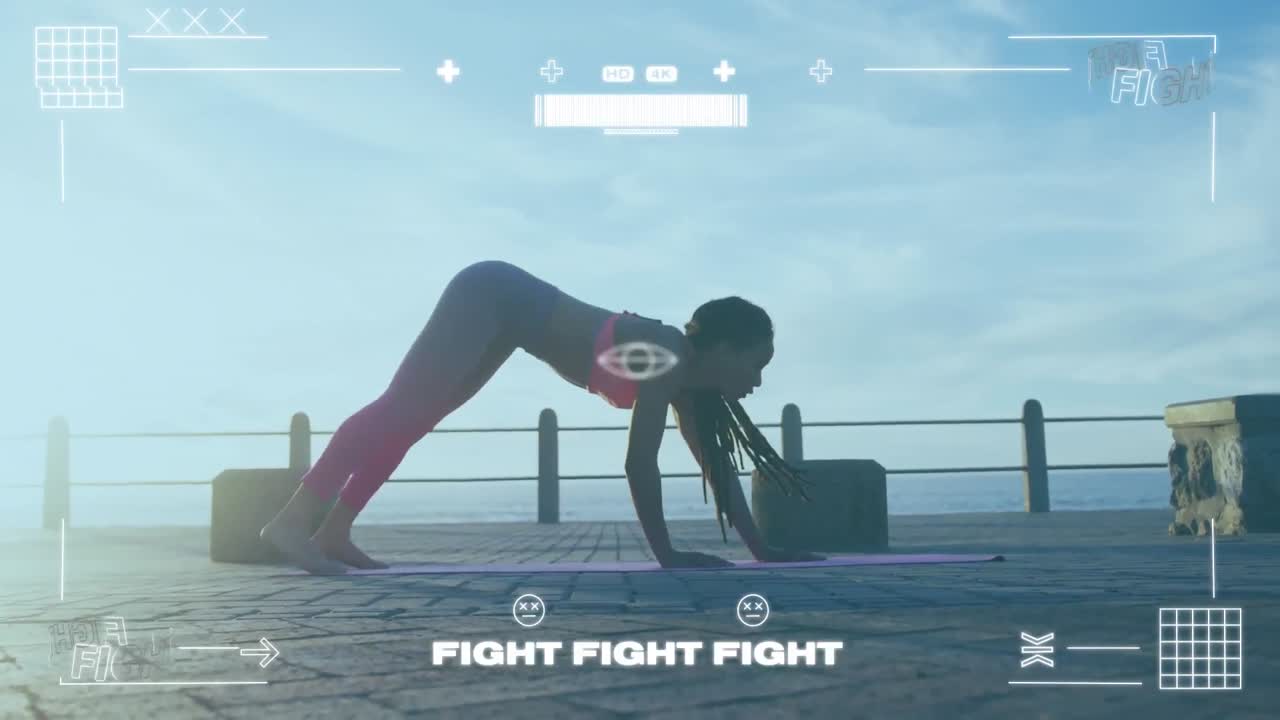 해변에서 요가를 연습하는 여성에 대한 통계와 그래프의 애니메이션