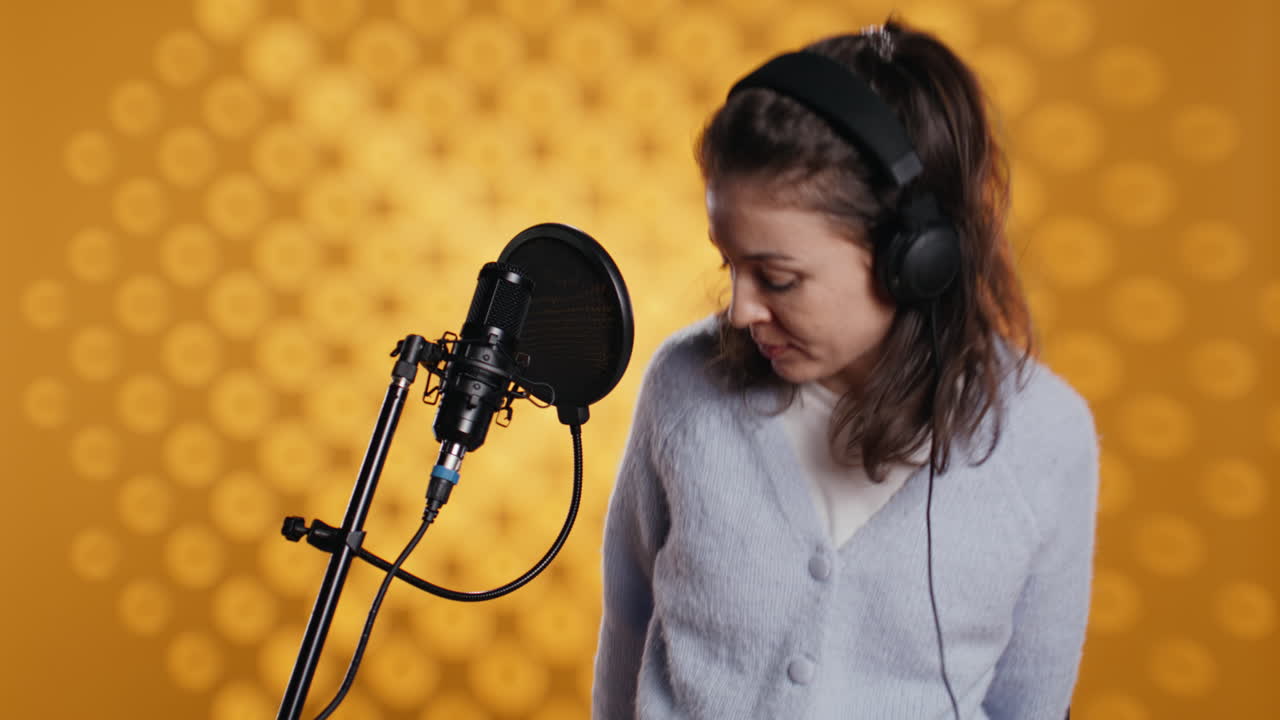 Donna che arriva in studio, indossa le cuffie e registra un audiolibro.