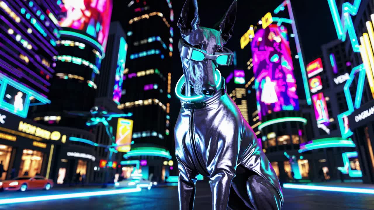 Futuristic Dog in Cyberpunk City