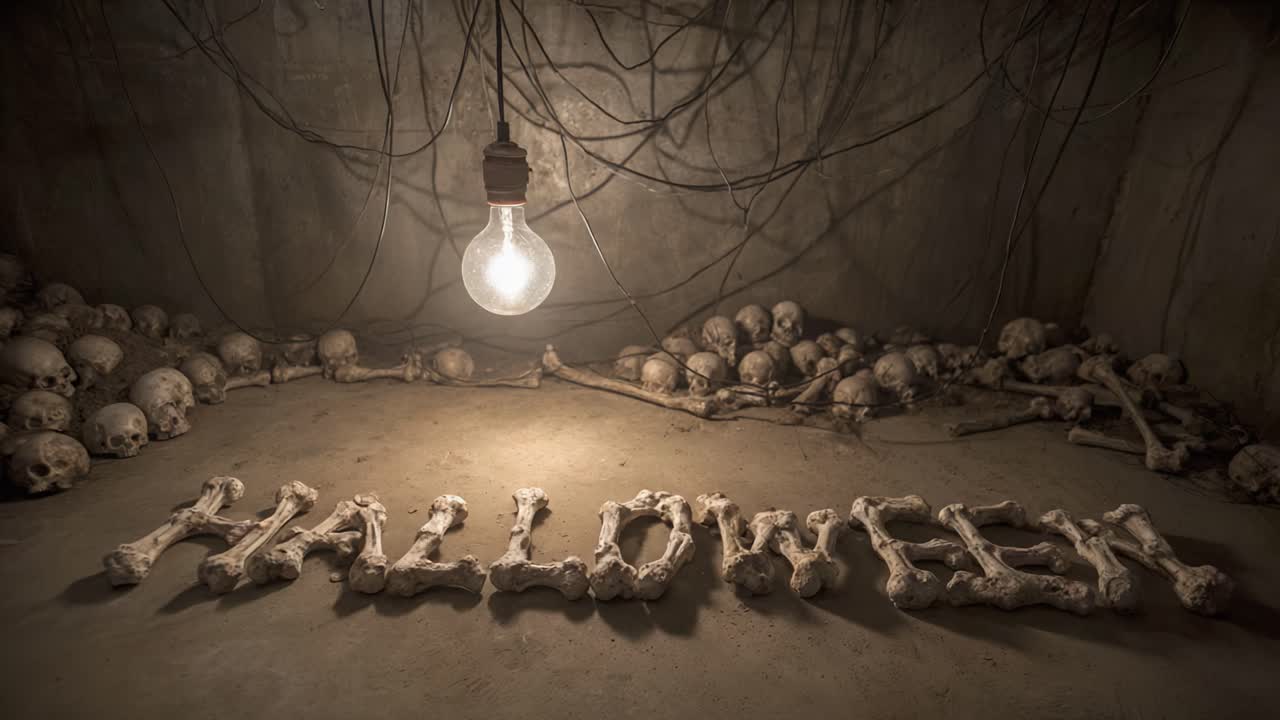 Stanza sotterranea buia e spettrale con teschi umani e la parola Halloween scritta con ossa, il tutto illuminato da una singola lampadina tremolante appesa al soffitto