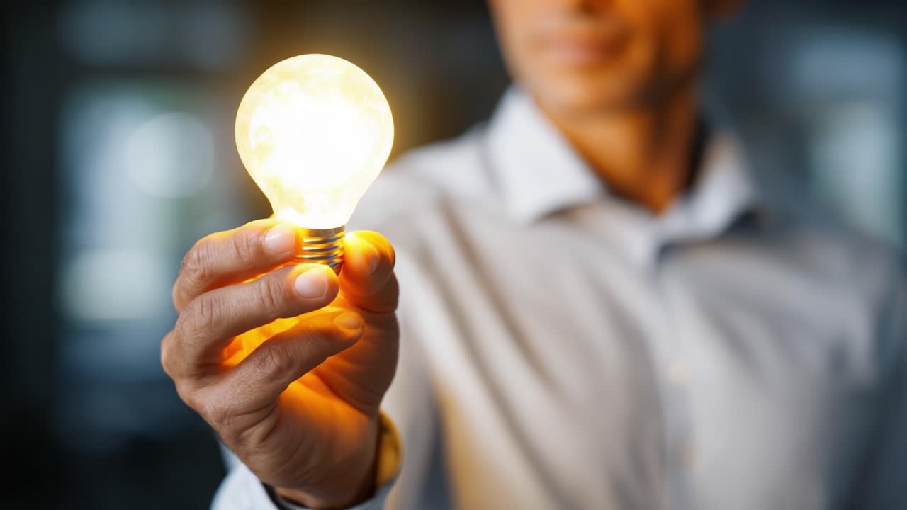 A man holding a glowing light bulb symbolizes innovation and creativity, showcasing the power of ideas and illumination in modern business and everyday life