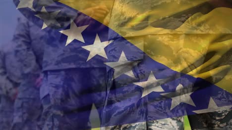 animación de la bandera de bosnia y herzegovina sobre varios soldados