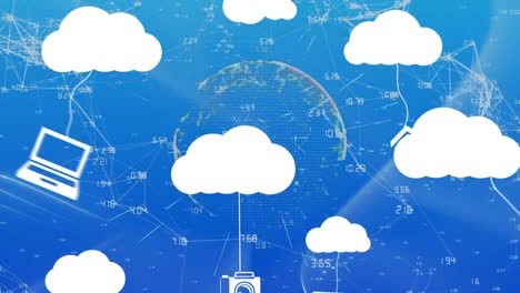 animation of clouds with diverse technology devices over globe and network of connections