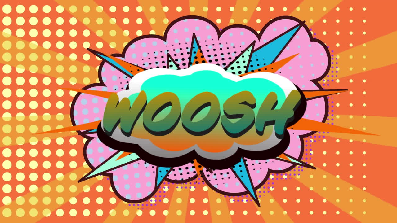 texto woosh en burbuja de habla contra puntos en fondo naranja