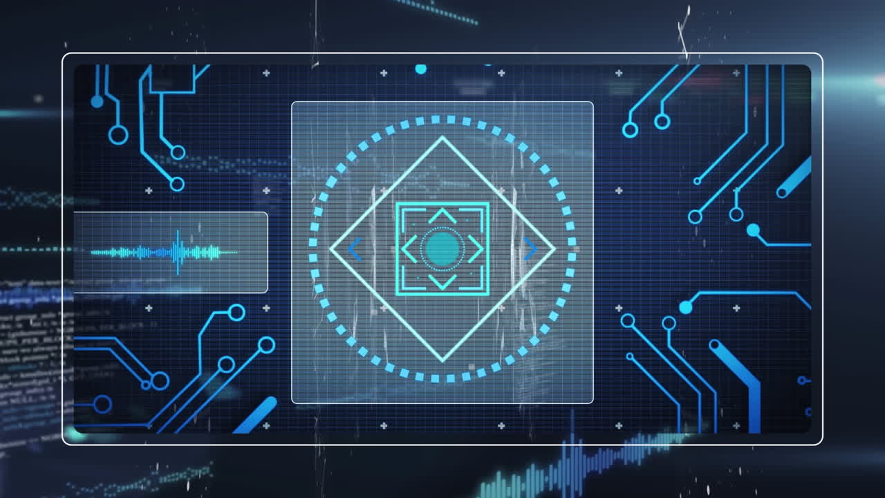 Animation of data processing with scope scanning over network of connections on black background