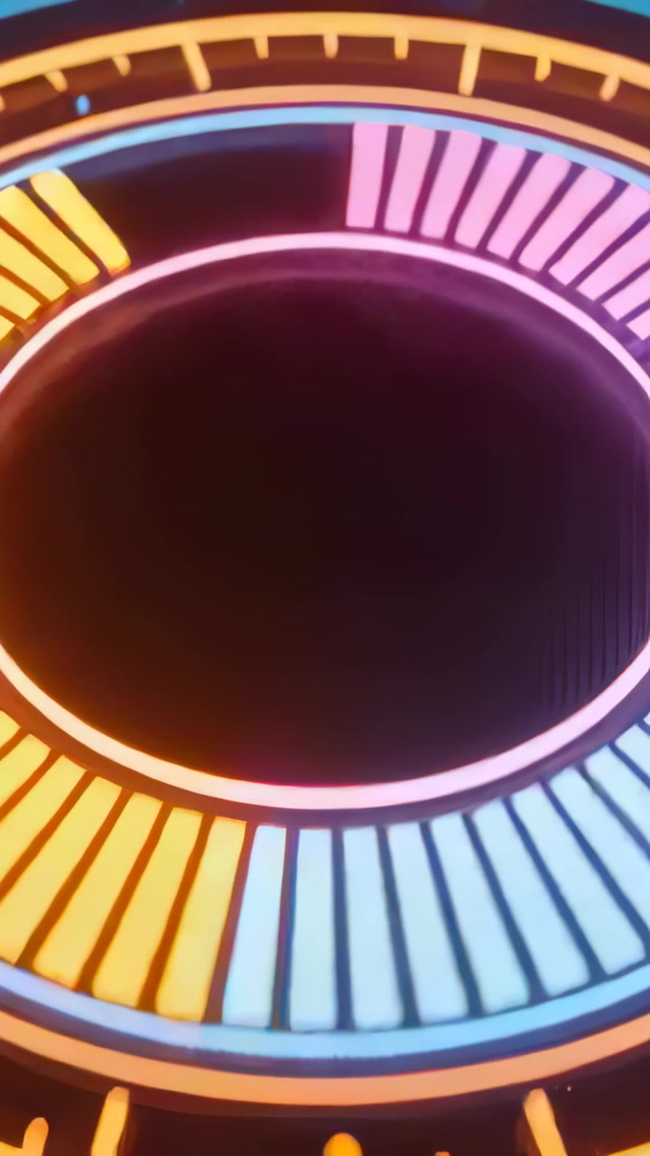 Video verticale: Anelli al neon doppi animati con LED rotanti su tela scura, mostrando un centro scuro