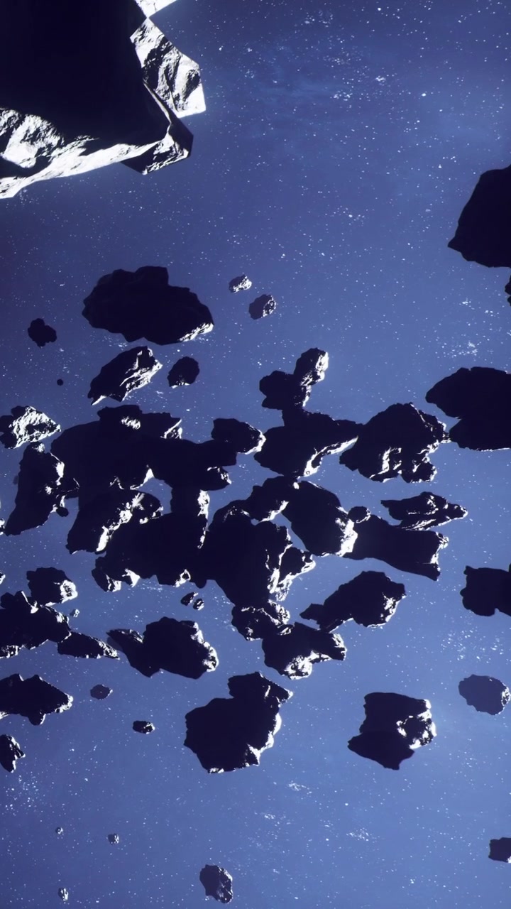 Asteroidi che fluttuano nello spazio con rocce scure e sfondo blu
