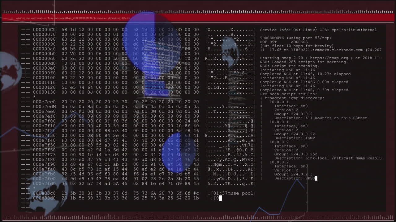 Digital data and code analysis with global network connections animation