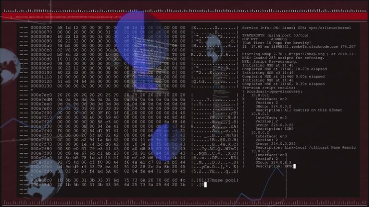 Digital data and code analysis with global network connections animation