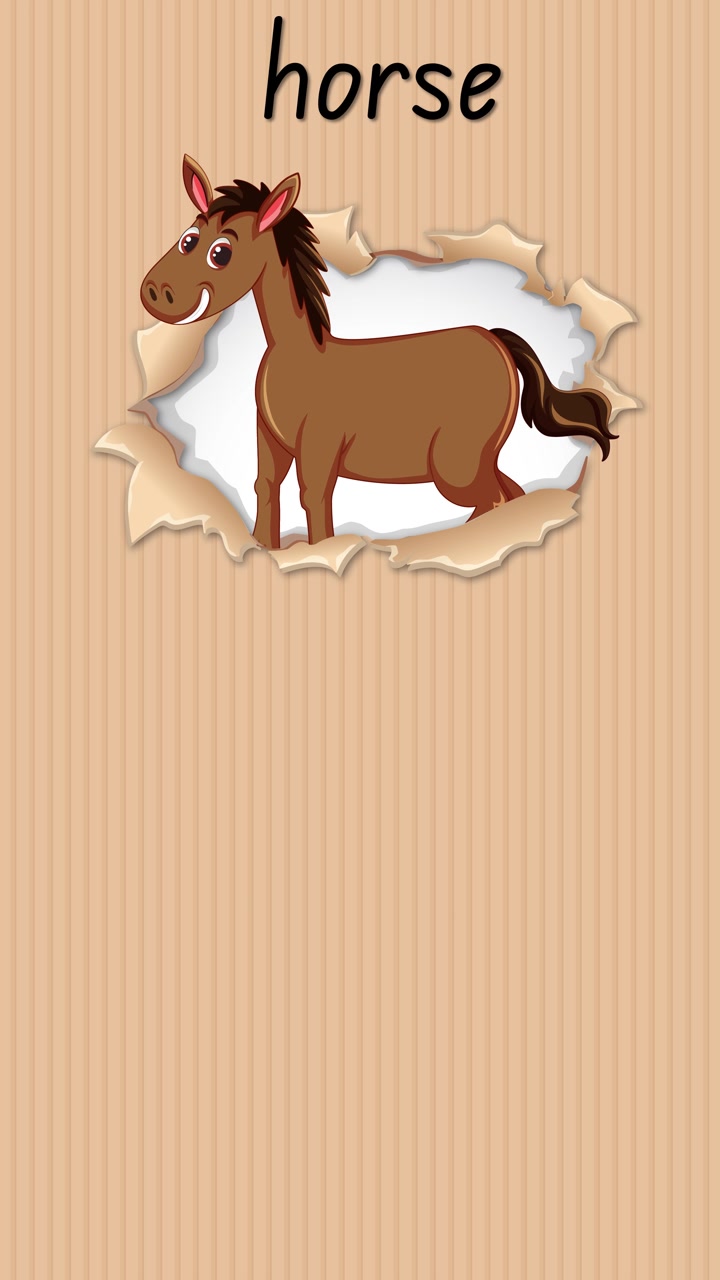 Vertical educational animation demonstrates writing the letter H and spelling horse on lined paper