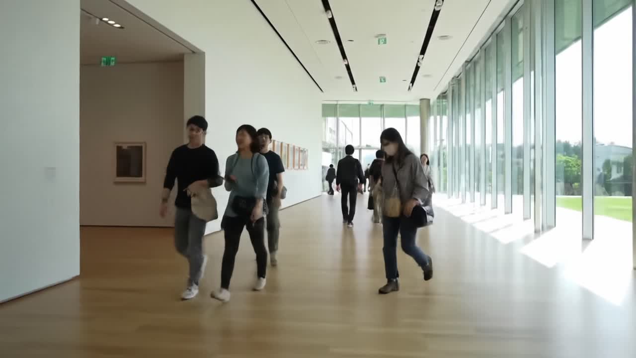 A Diverse Group of Individuals Strolling Gracefully Through a Modern Gallery Space, Engaged in Conversation and Exploration Along a Bright Pathway