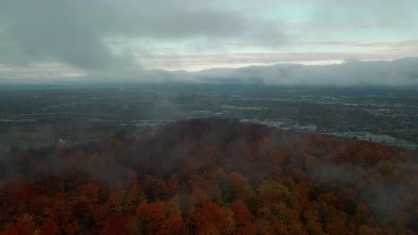 Dichter-Wald-Mit-Herbstlichen-Bäumen-Mit-Blick-Auf-Die-Friedliche-Stadt-An-Einem-Nebligen-Morgen-In-Quebec,-Kanada