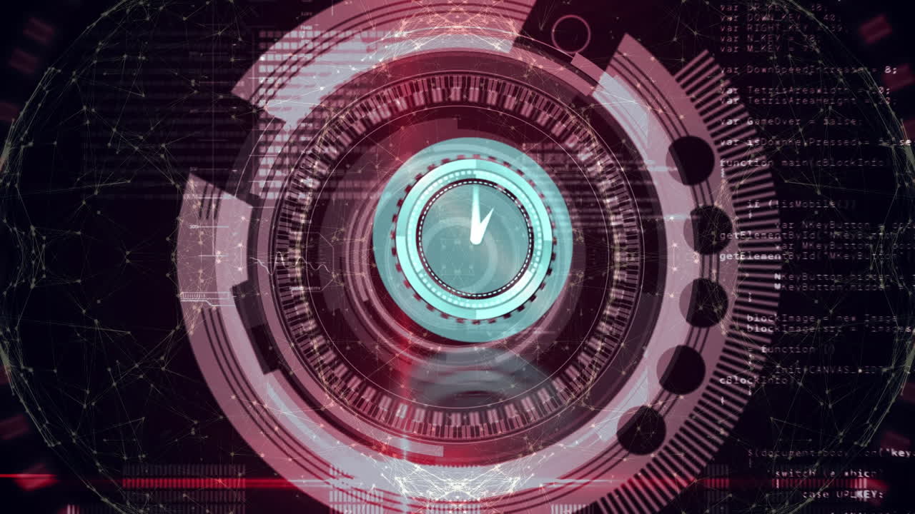 Animation of clock and data processing over dark background