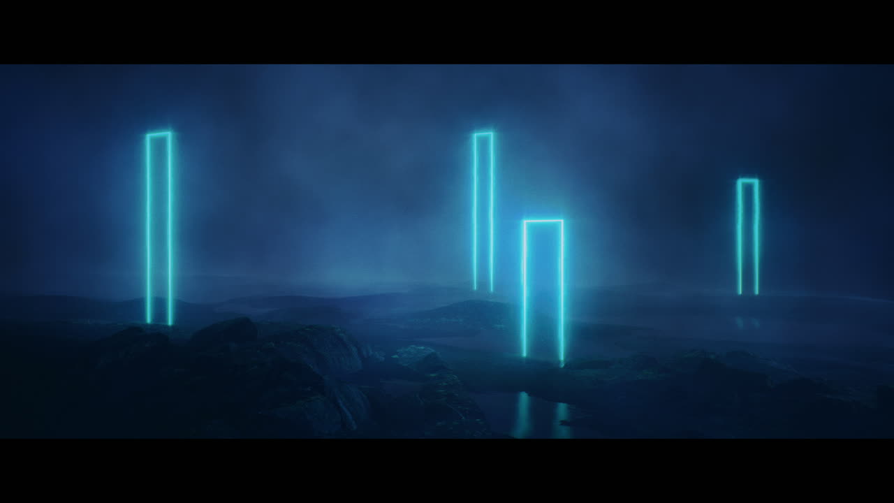 Rocky landscape with huge blue light portal structures