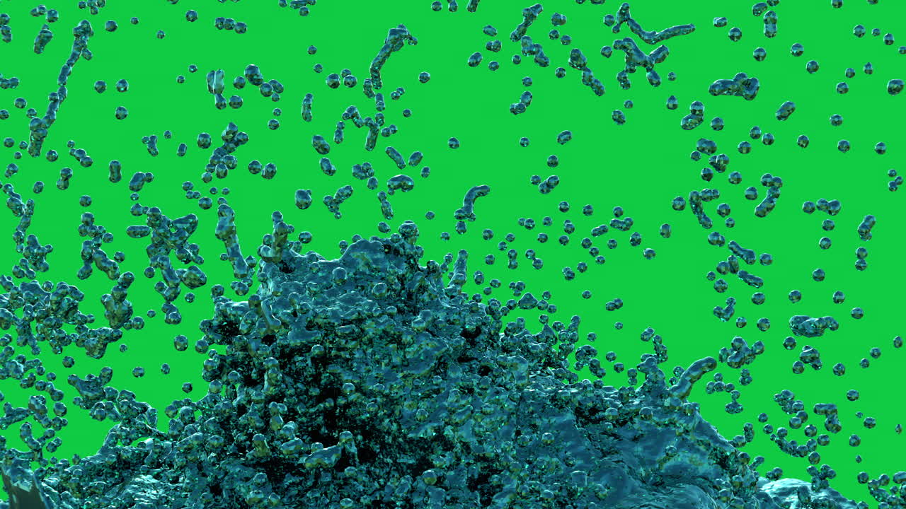 A simulation of a burst of water flowing and splashing on green screen and white background with ripples, reflections and turbulent movement.