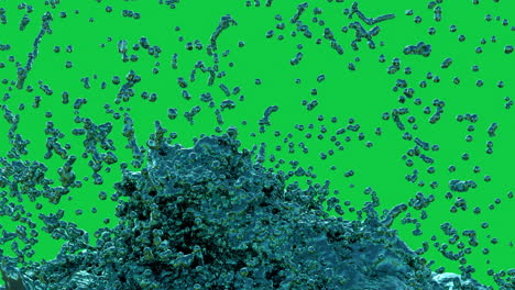 a simulation of a burst of water flowing and splashing on green screen and white background with ripples, reflections and turbulent movement.