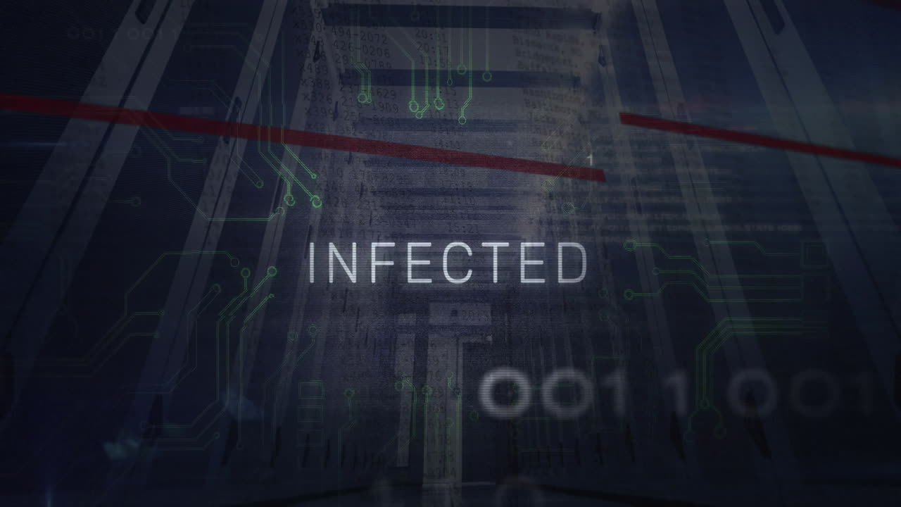 animación de texto de virus, procesamiento de datos digitales y placa de circuitos a través de servidores de computadoras