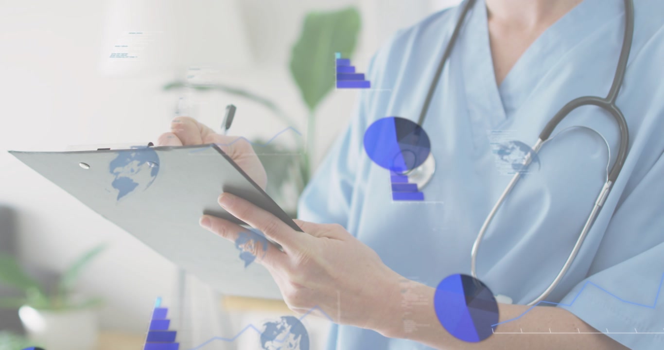 Clinician writing patient notes in clinic, handwriting activating animated charts mapping data