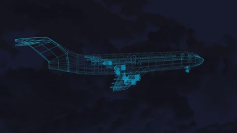 animation of 3d technical drawing of model of aeroplane and flash of lighting