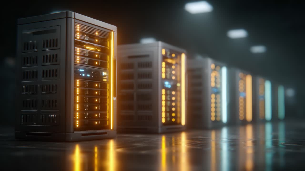 Et detaljeret kig på moderne serverracks med avanceret teknologi og imponerende LED-skærme i et svagt oplyst datacenter-miljø.