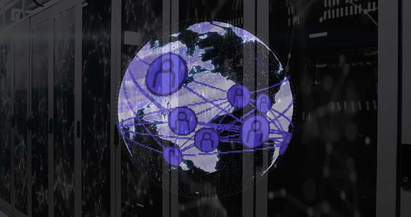 Ao abrir a visualização do rack de servidor, um globo roxo com nós giratórios conectando continentes, mostrando conectividade