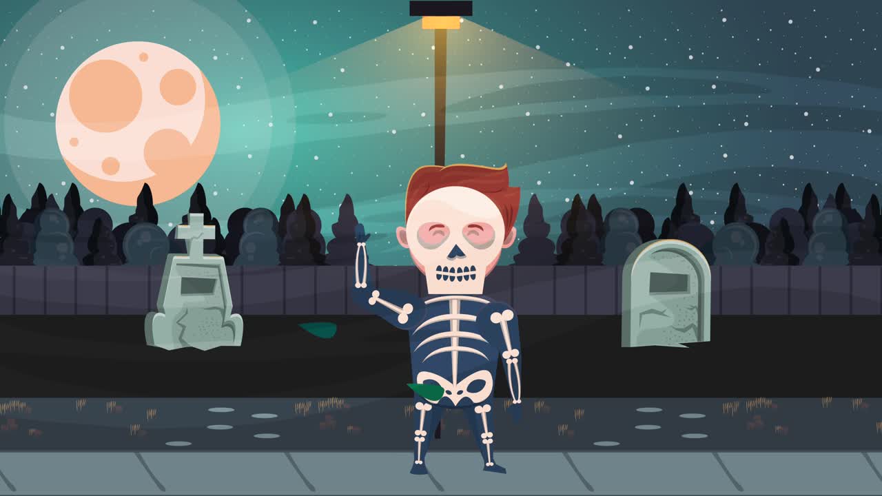 feliz escena animada de halloween con esqueleto en el cementerio