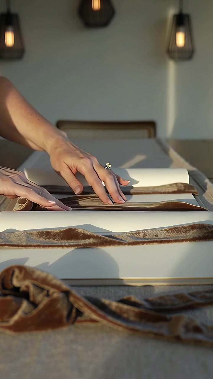 Video verticale: Mani femminili che si allungano per allineare un nastro di velluto su carta bianca a casa per incartare un regalo