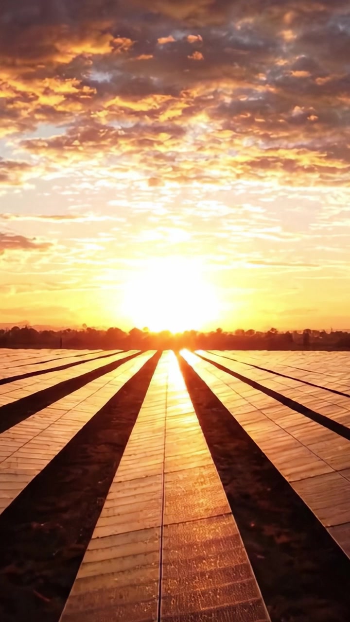 A Dazzling Sunrise Illuminates Rows of Solar Panels, Showcasing the Harmony of Nature and Technology in Sustainable Energy Production