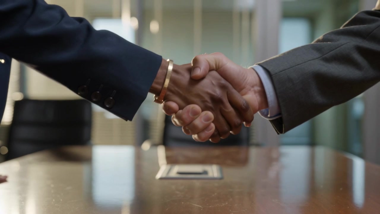 Reaching execs hands meeting and shaking across wood table in boardroom, with bangle and suit cuffs