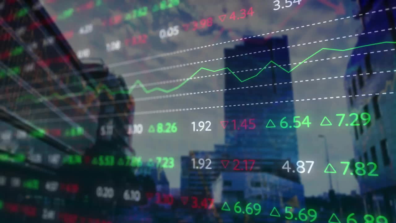 animación del procesamiento de datos financieros sobre el paisaje urbano