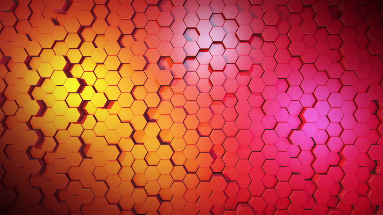 Red background with moving hexagonal cylinders. Abstract 3D animation. Light and shadows from the soffits. Geometric figures.