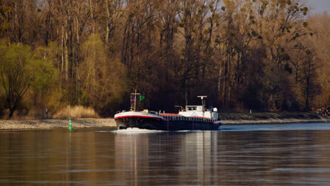 industrial transport ship sailing on the rhine near karlsruhe, germany into sunset