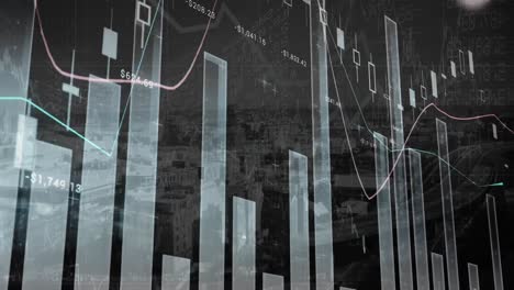 Animation-of-multiple-graphs-and-numbers-over-cityscape-in-background