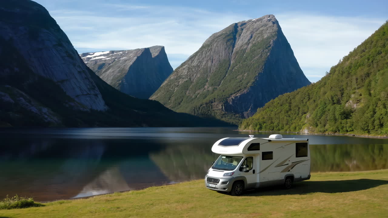 Camper in riva a un lago panoramico e montagne