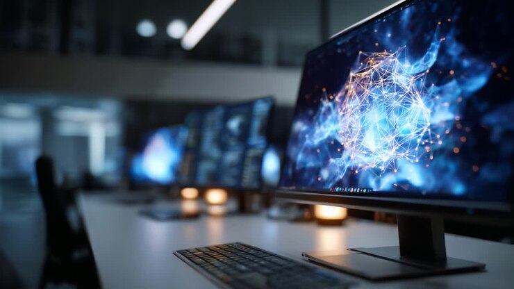Stunning Visuals Highlighting a Modern Workspace with High-Tech Computers Displaying Dynamic Data Visualizations in a Futuristic Office Environment