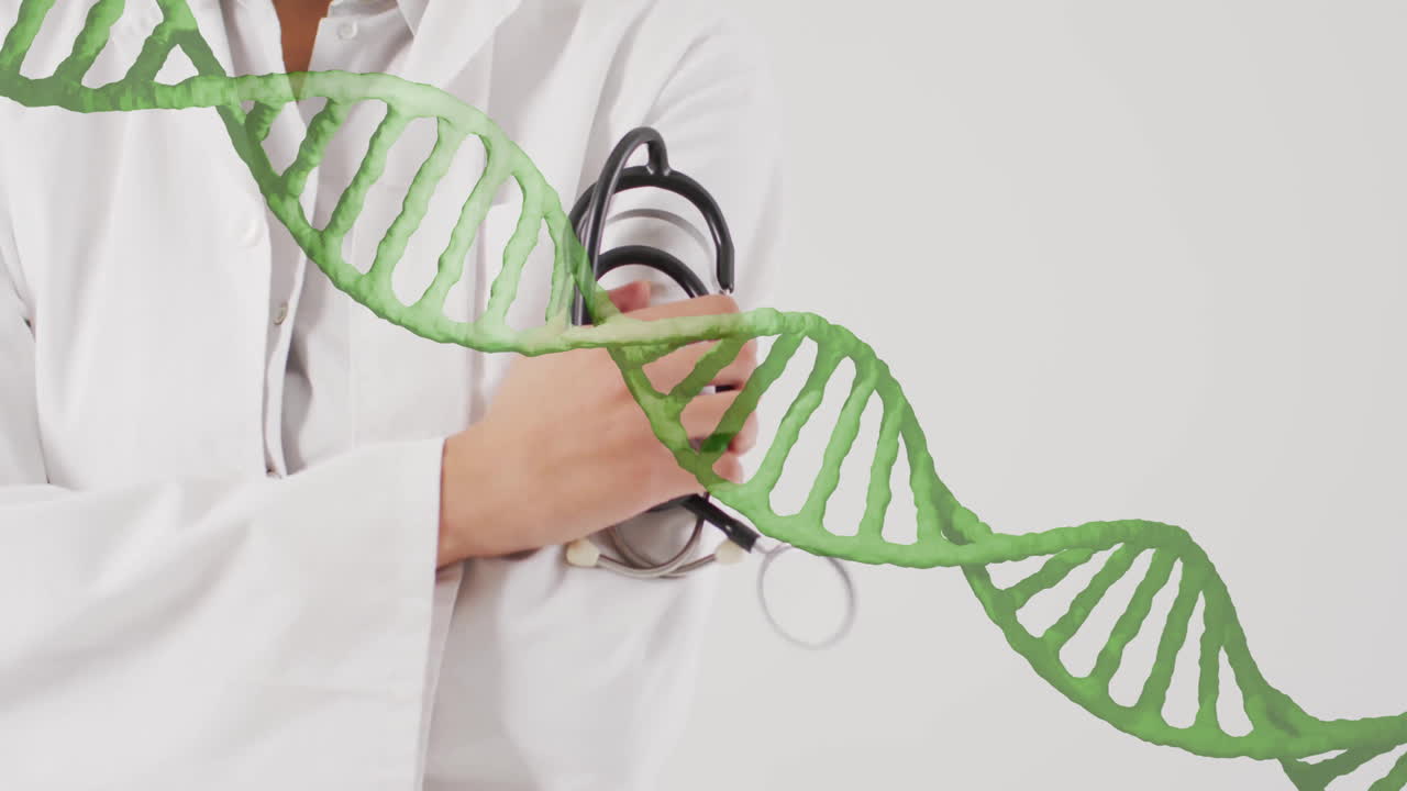 Animazione di elica di DNA su professionista medico che tiene uno stetoscopio