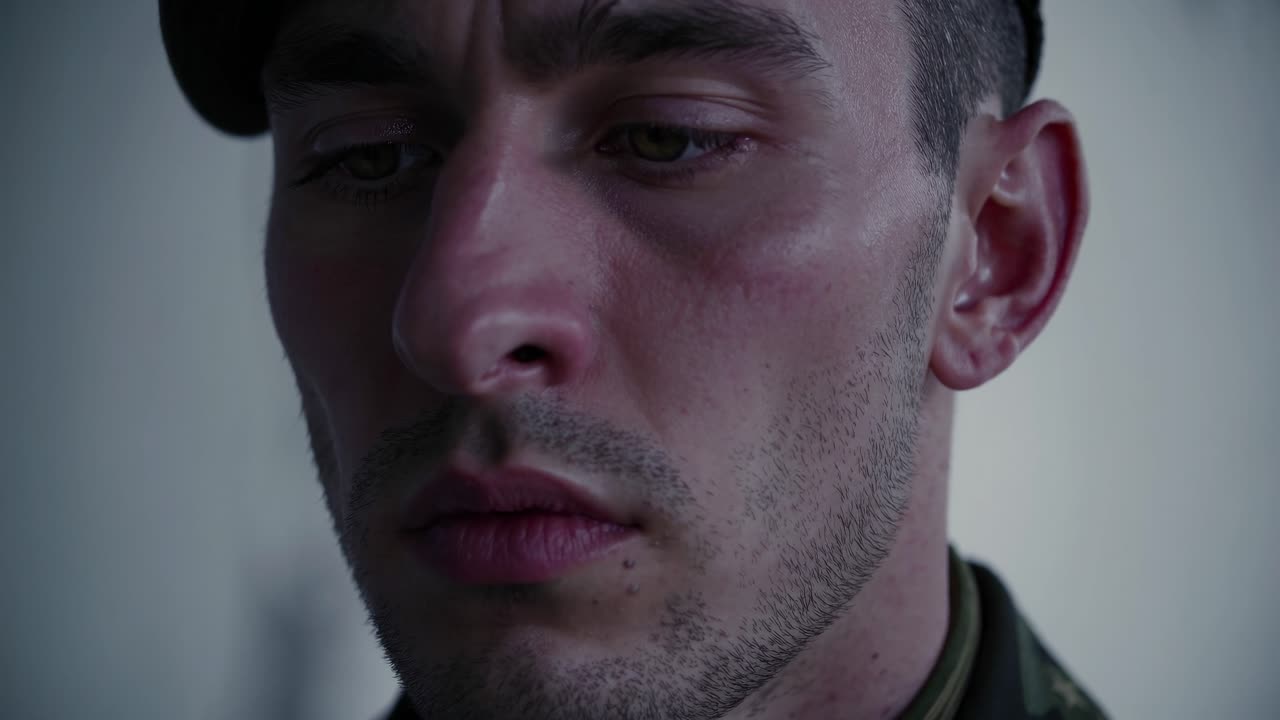 joven personal militar experimentando un profundo viaje emocional, retratando una profunda reflexión psicológica a través de expresiones faciales tristes que revelan las luchas internas de un veterano de guerra