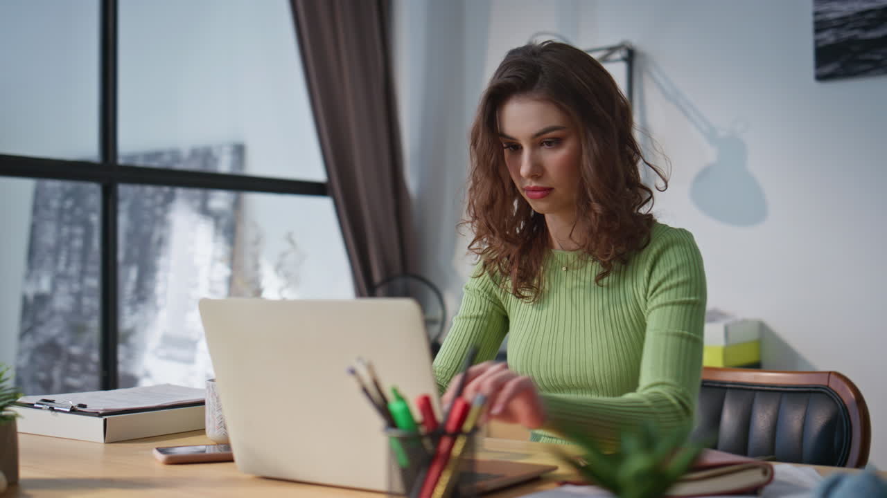 Office woman bringing coffee sitting table start work at modern agency closeup