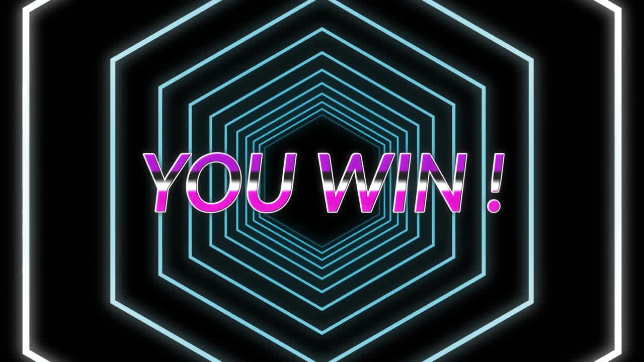 보라색 당신은 검은색 배경에 원활한 움직임에 네온 파란색 육각형에 대한 텍스트를 승리
