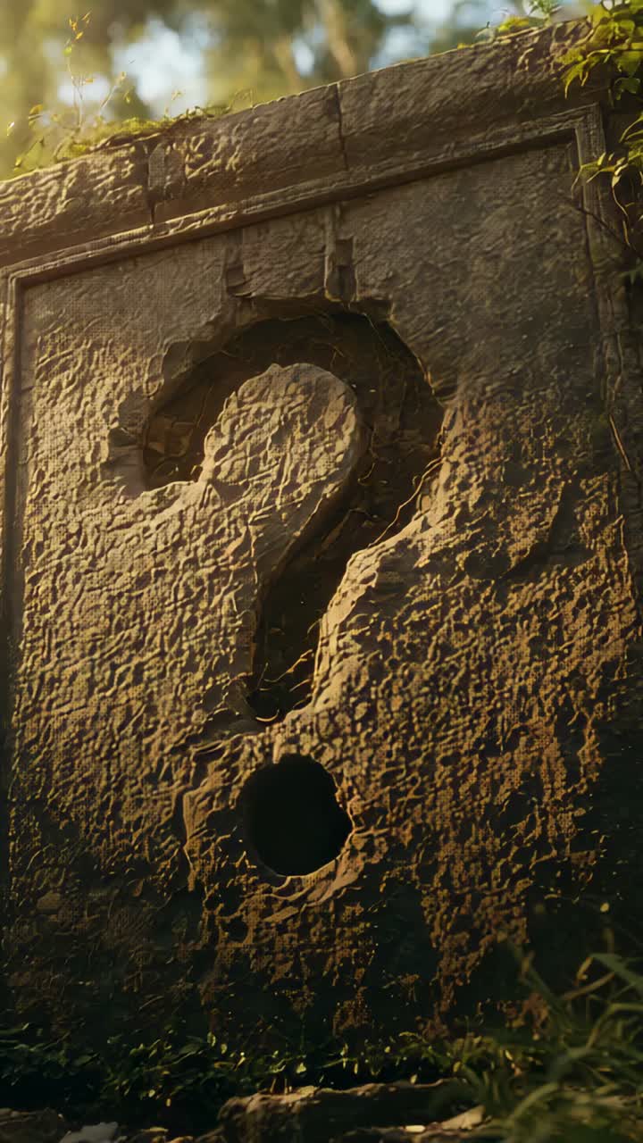 Vertical video: Moving camera closing on mossy slab in glade, showing carved question mark hole