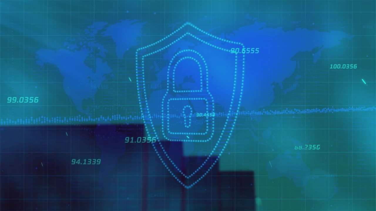 On data pulse shield with padlock responding, forming dotted rings and pulsing, signaling security