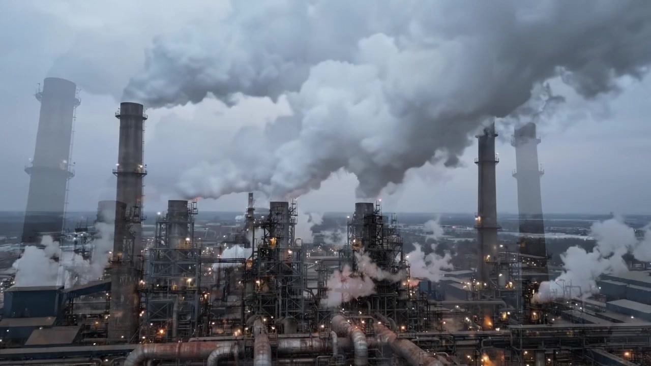 Industrial Complex with Smokestacks Emitting Billowing Clouds of Smoke Against a Gloomy Sky, Showcasing Heavy Machinery and Energy Production Infrastructure