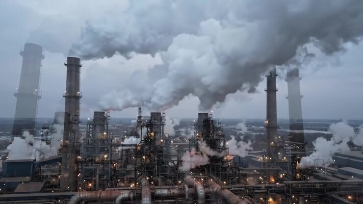Industrial Complex with Smokestacks Emitting Billowing Clouds of Smoke Against a Gloomy Sky, Showcasing Heavy Machinery and Energy Production Infrastructure